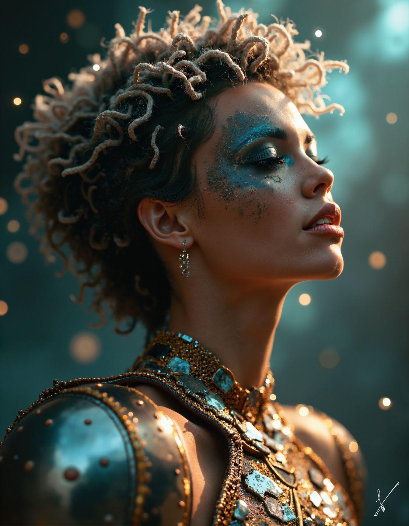 Woman in profile wearing gold armor and blue face paint, looking up amidst soft glowing lights.