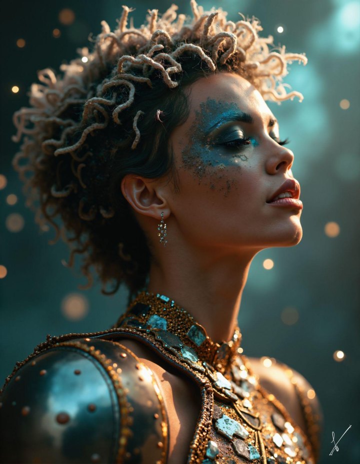 Woman in profile wearing gold armor and blue face paint, looking up amidst soft glowing lights.
