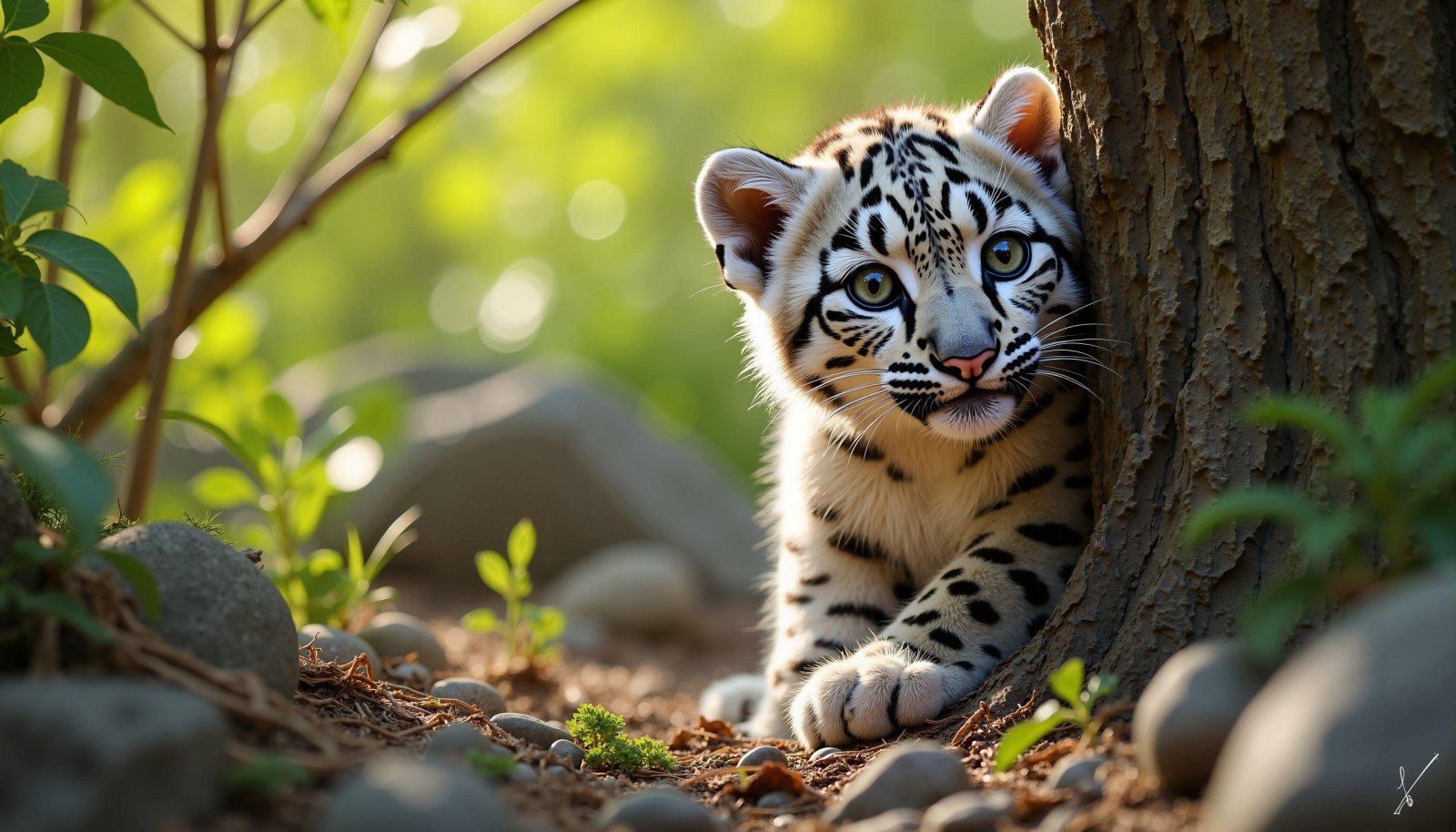 Snow leopard cub peeking from behind a tree in a sunlit forest with greenery and stones.