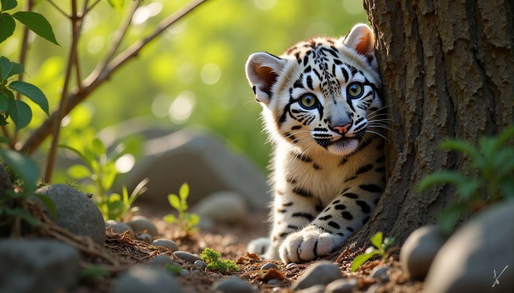 Snow leopard cub peeking from behind a tree in a sunlit forest with greenery and stones.