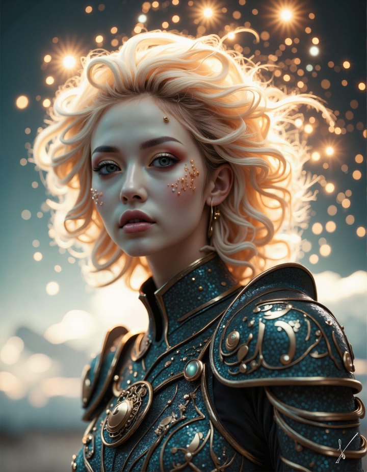 Portrait of a woman with blonde hair wearing ornate teal armor, surrounded by sparkling lights.