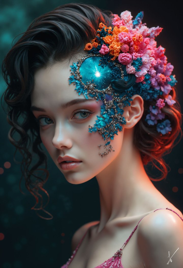 Portrait of a woman wearing a galaxy-themed flower crown with sparkling jewelry on her face.