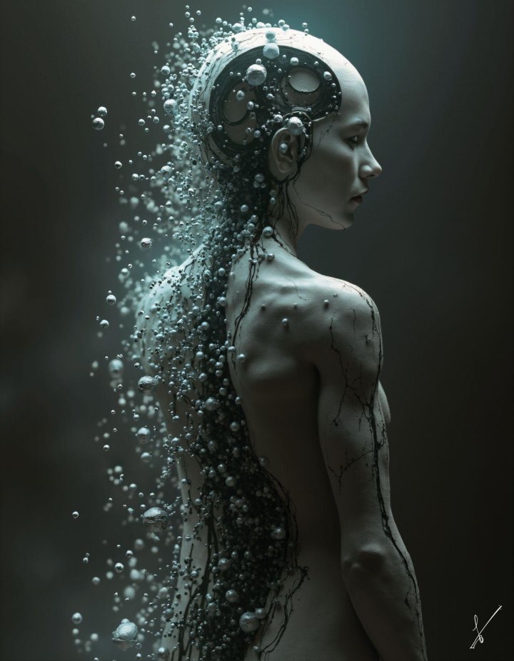 Profile of a pale humanoid figure with bubbles rising from their back and dark lines on skin.