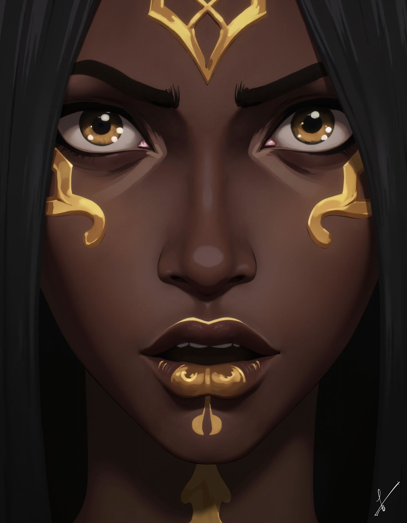 Close-up portrait of a woman with dark skin and golden facial markings looking forward