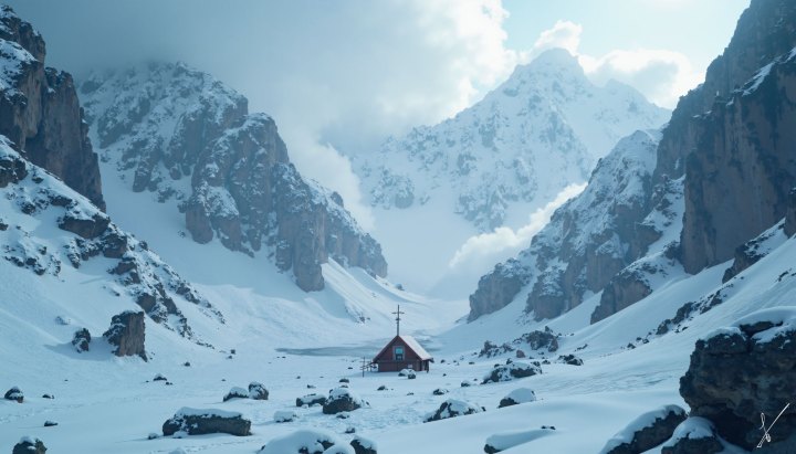Small red cabin in snowy mountain valley between rocky peaks