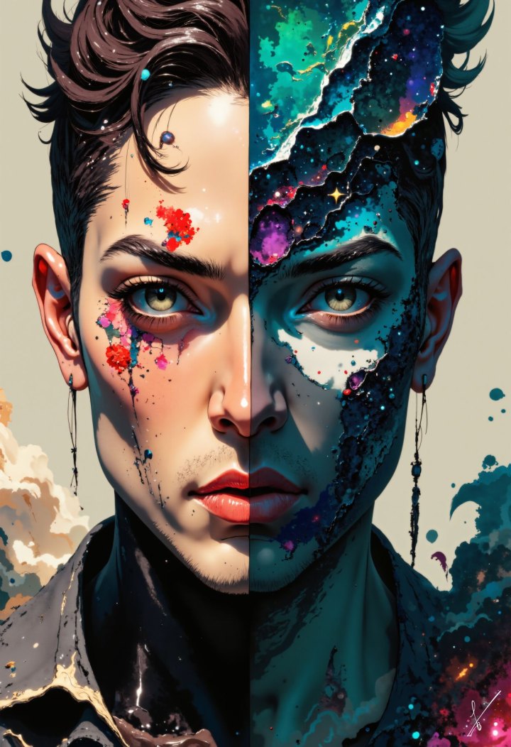 Portrait split in half: one side is a realistic person, the other is a cosmic galaxy.