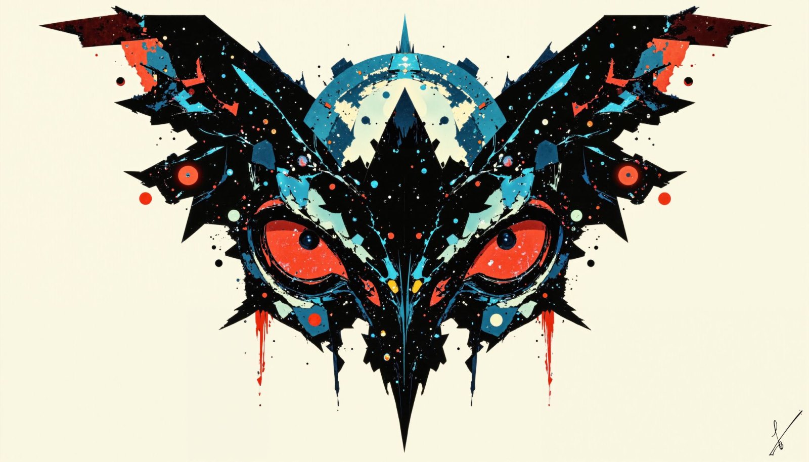 Stylized owl mask with red eyes, cosmic splatters, and geometric shapes on neutral background.