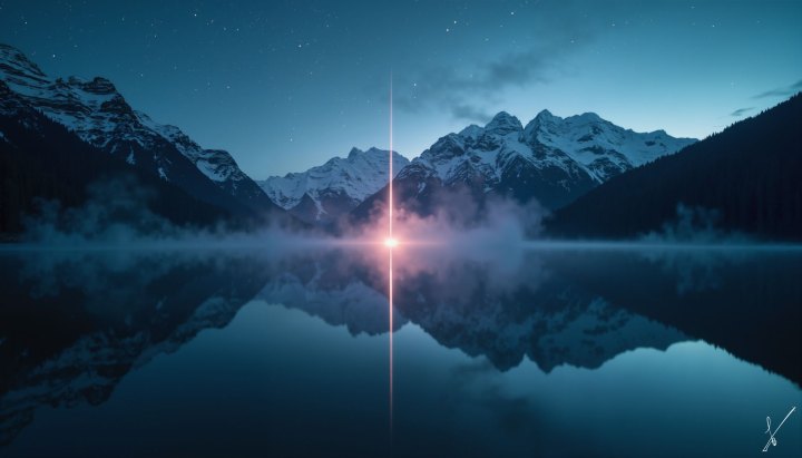 Snowy mountains reflected in a calm lake at night with a vertical beam of light and mist.