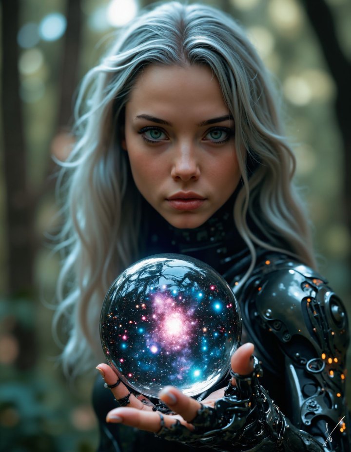 Woman with silver hair holding a crystal ball showing a galaxy, wearing futuristic armor in a forest.