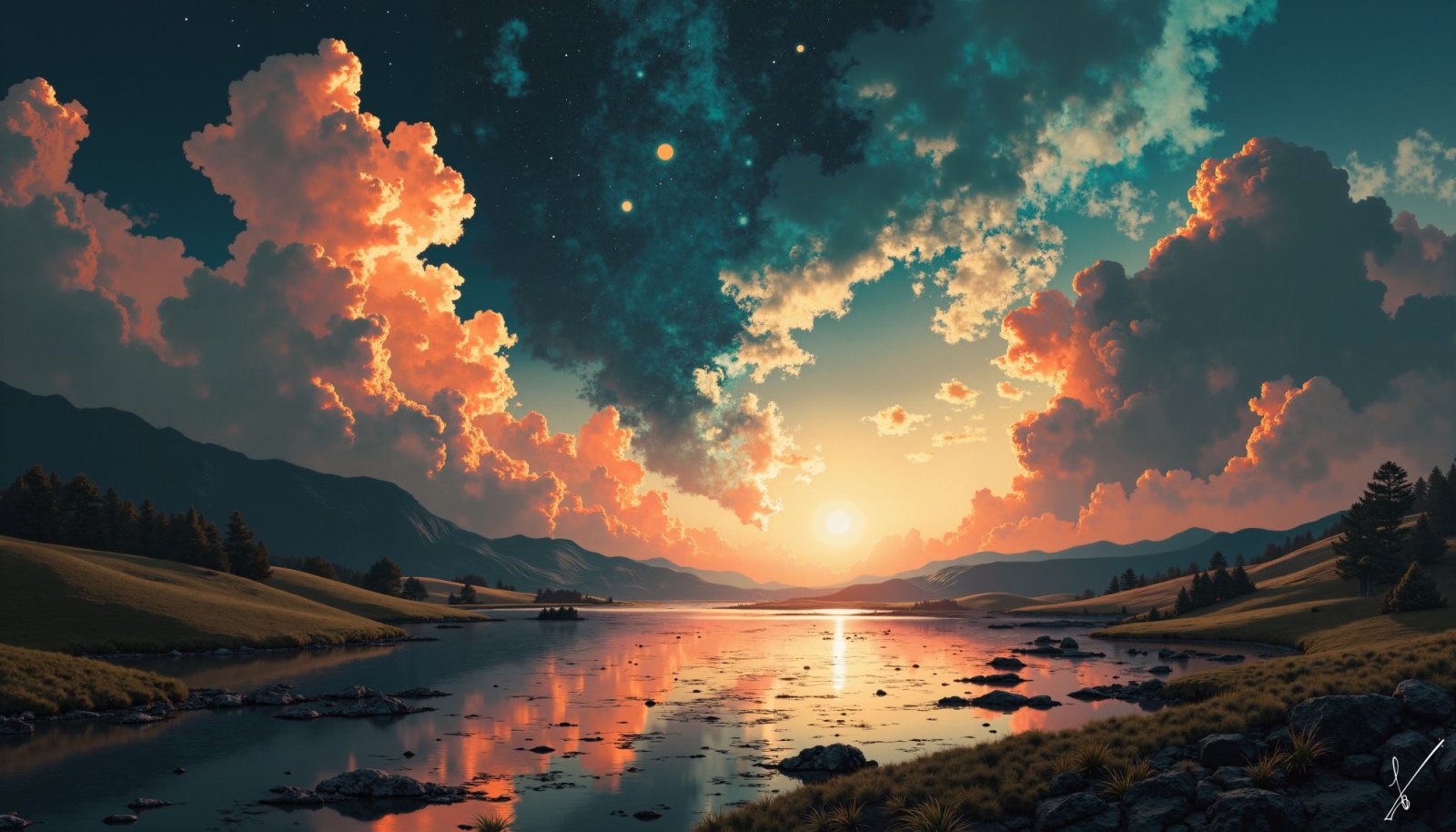 Sunset over a calm river with rolling hills, mountains, and dramatic colorful clouds.