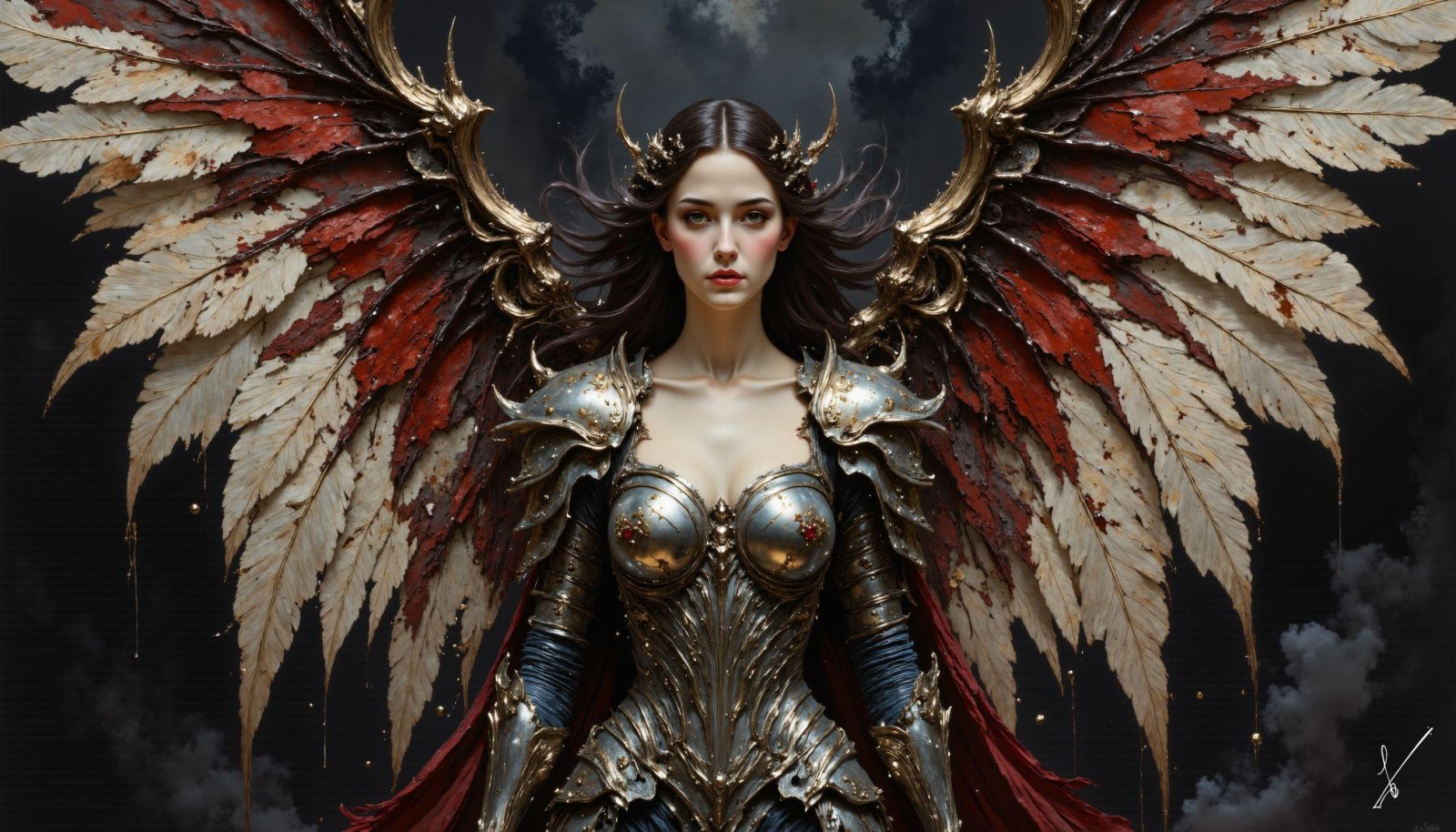 Regal female warrior in ornate armor with large feathered wings against a dark cloudy sky