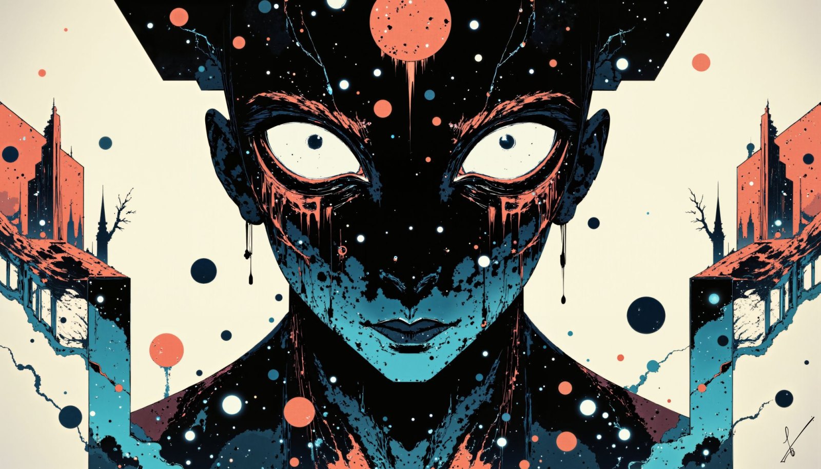 Portrait of a cosmic face with glowing eyes, dripping paint, and starry background flanked by surreal cityscapes.