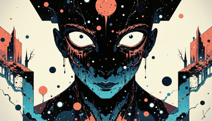 Portrait of a cosmic face with glowing eyes, dripping paint, and starry background flanked by surreal cityscapes.