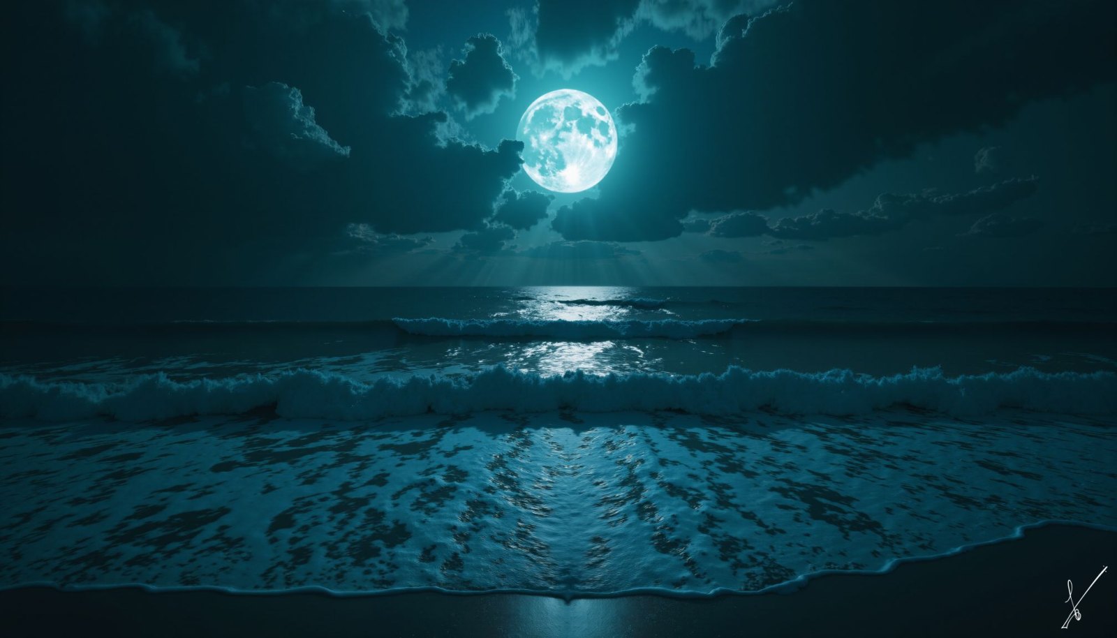 Full moon over ocean waves at night with dark clouds and blue water.