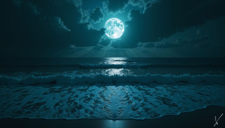 Full moon over ocean waves at night with dark clouds and blue water.