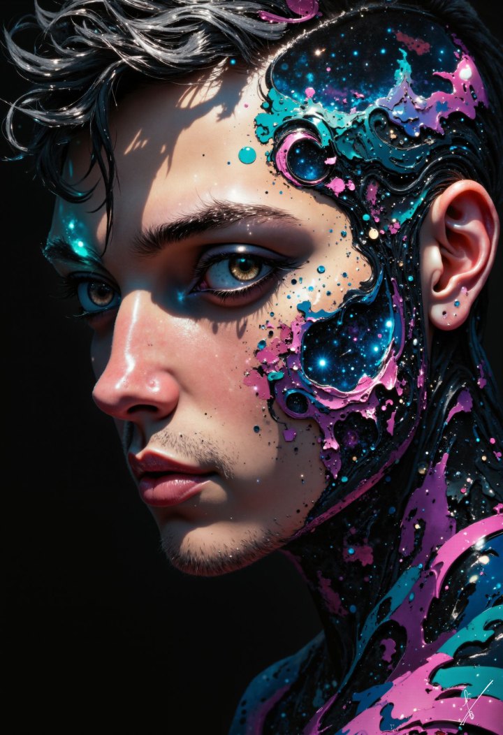 Portrait of a man with galaxy patterns on his face and neck against a black background.