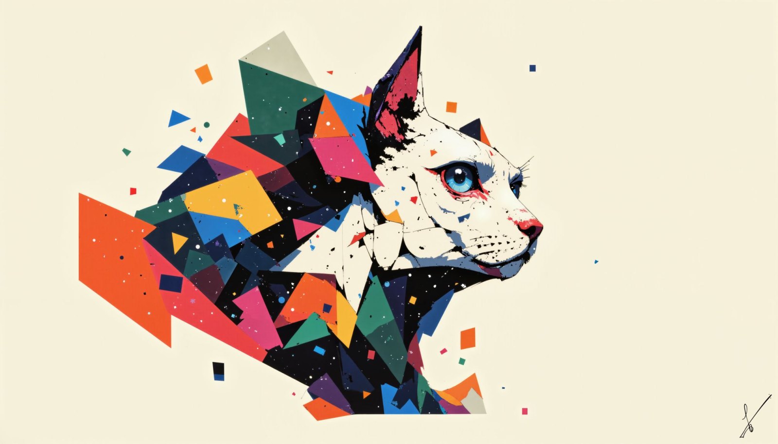 Stylized geometric portrait of a white cat with blue eyes in profile.