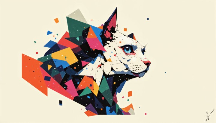 Stylized geometric portrait of a white cat with blue eyes in profile.