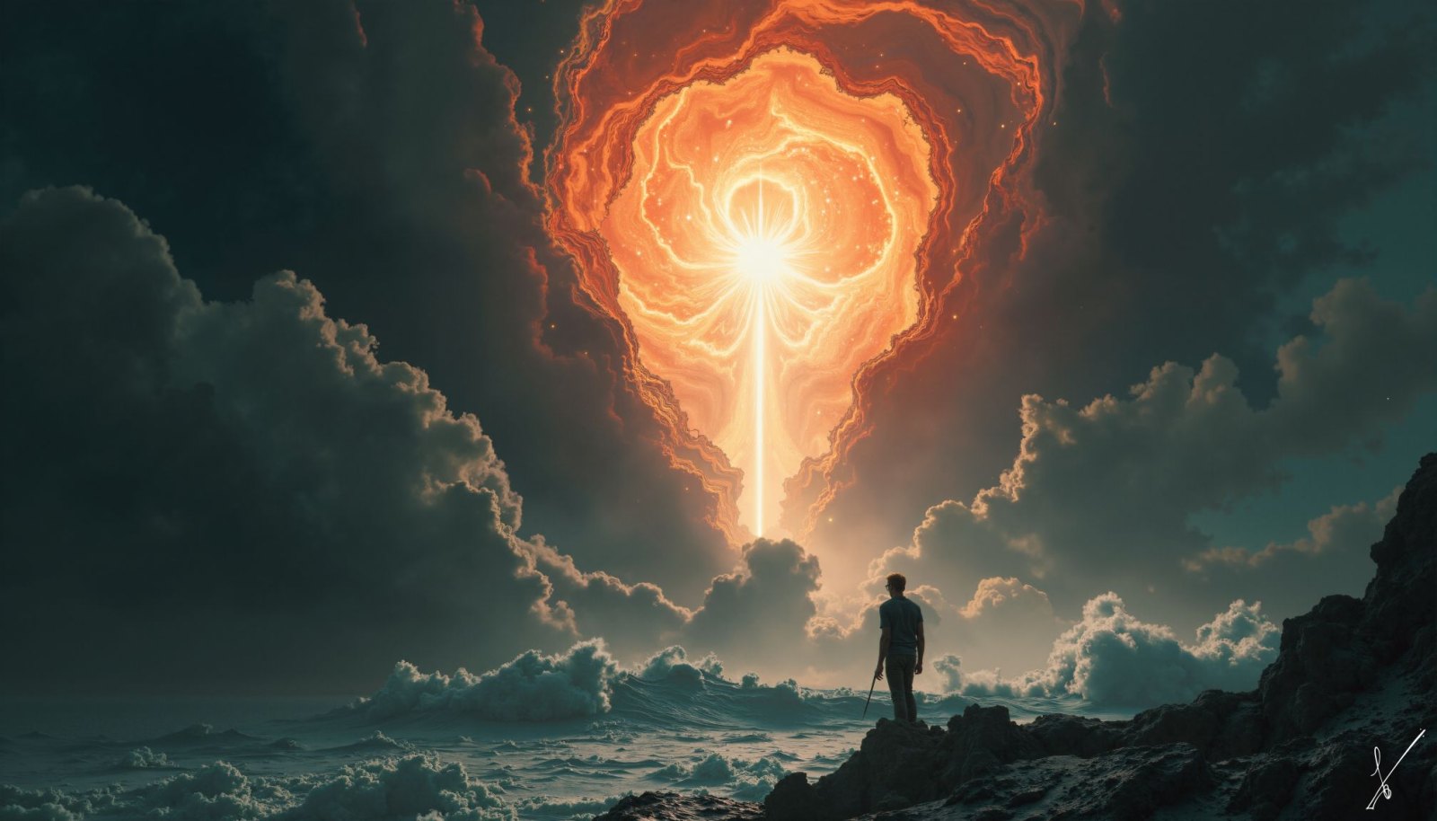 Person on cliff watching cosmic light burst through stormy sky over ocean