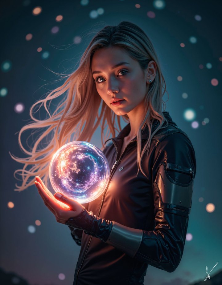 Blonde woman in futuristic jacket holding glowing cosmic orb with galaxy inside, starry bokeh background.
