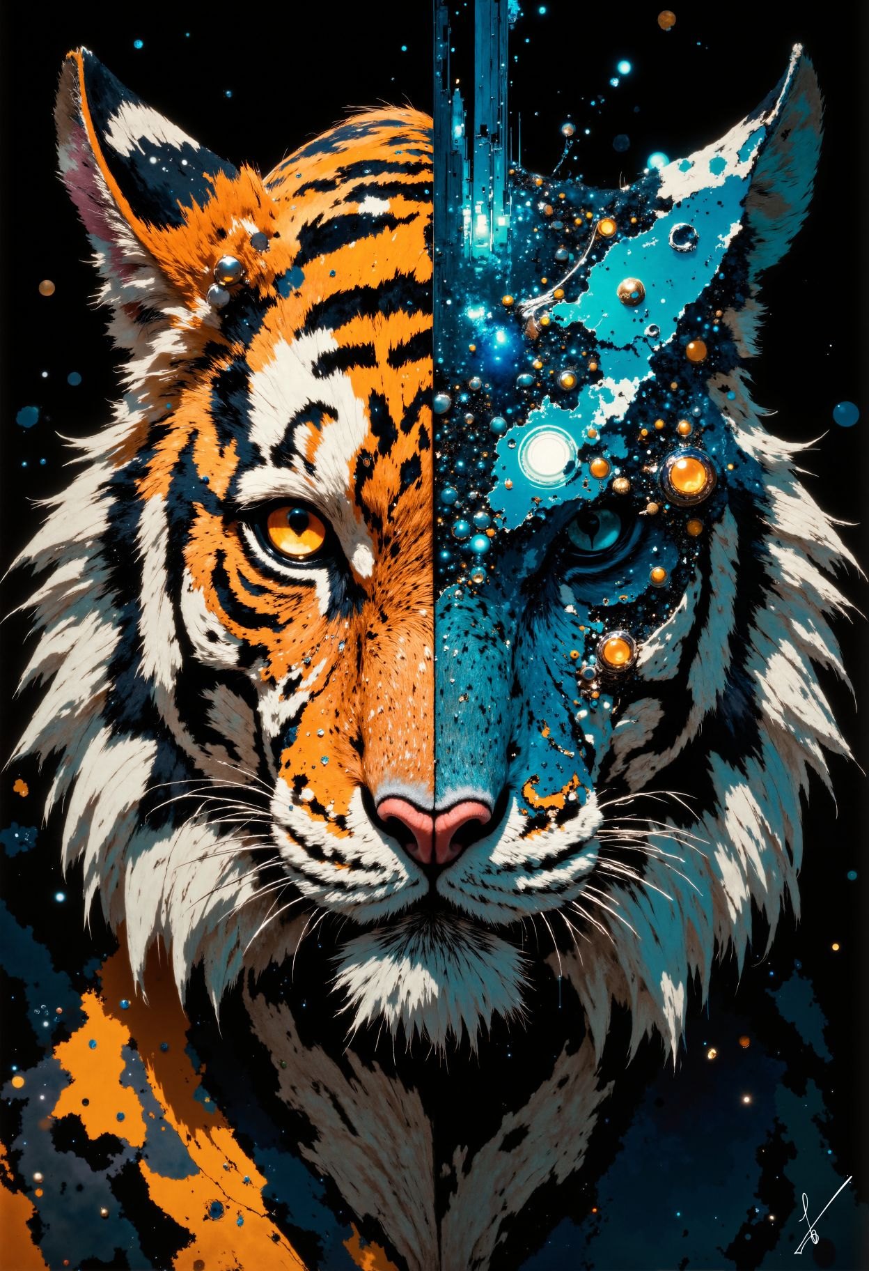 A split portrait of a tiger, half realistic orange fur and half cosmic blue nebula with glowing orbs.