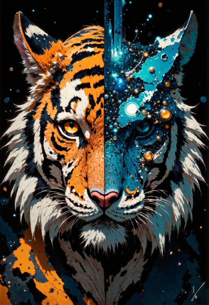 A split portrait of a tiger, half realistic orange fur and half cosmic blue nebula with glowing orbs.