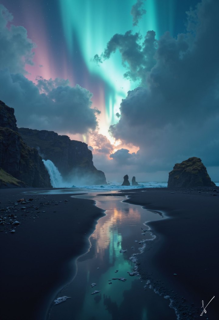 Green and pink aurora borealis over a black sand beach with cliffs and a waterfall.