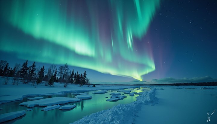 Green aurora borealis over frozen river with ice floes and snowy trees at night