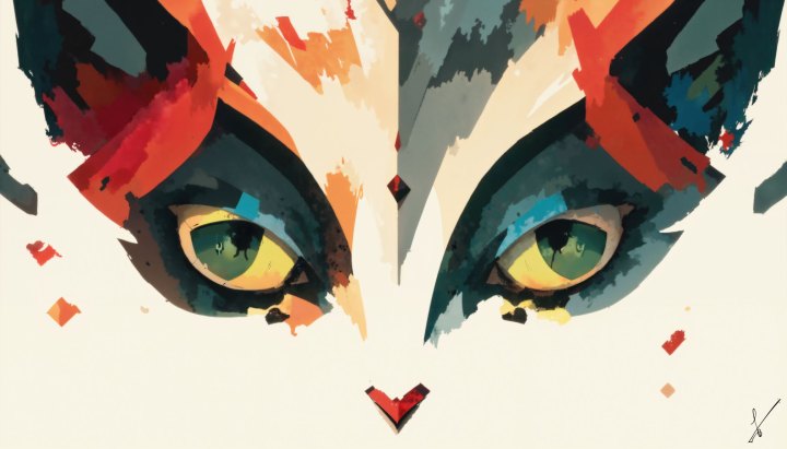 Stylized close-up of a cat's face with large green-yellow eyes and bold brushstrokes on an off-white background.
