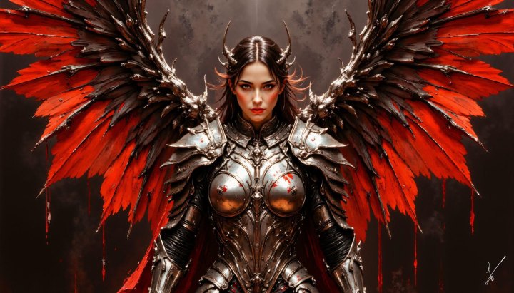 Female warrior in metal armor with large red and black wings, blood dripping on dark background.