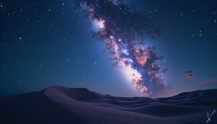 Night sky over desert dunes with the Milky Way galaxy visible above rolling sand hills.