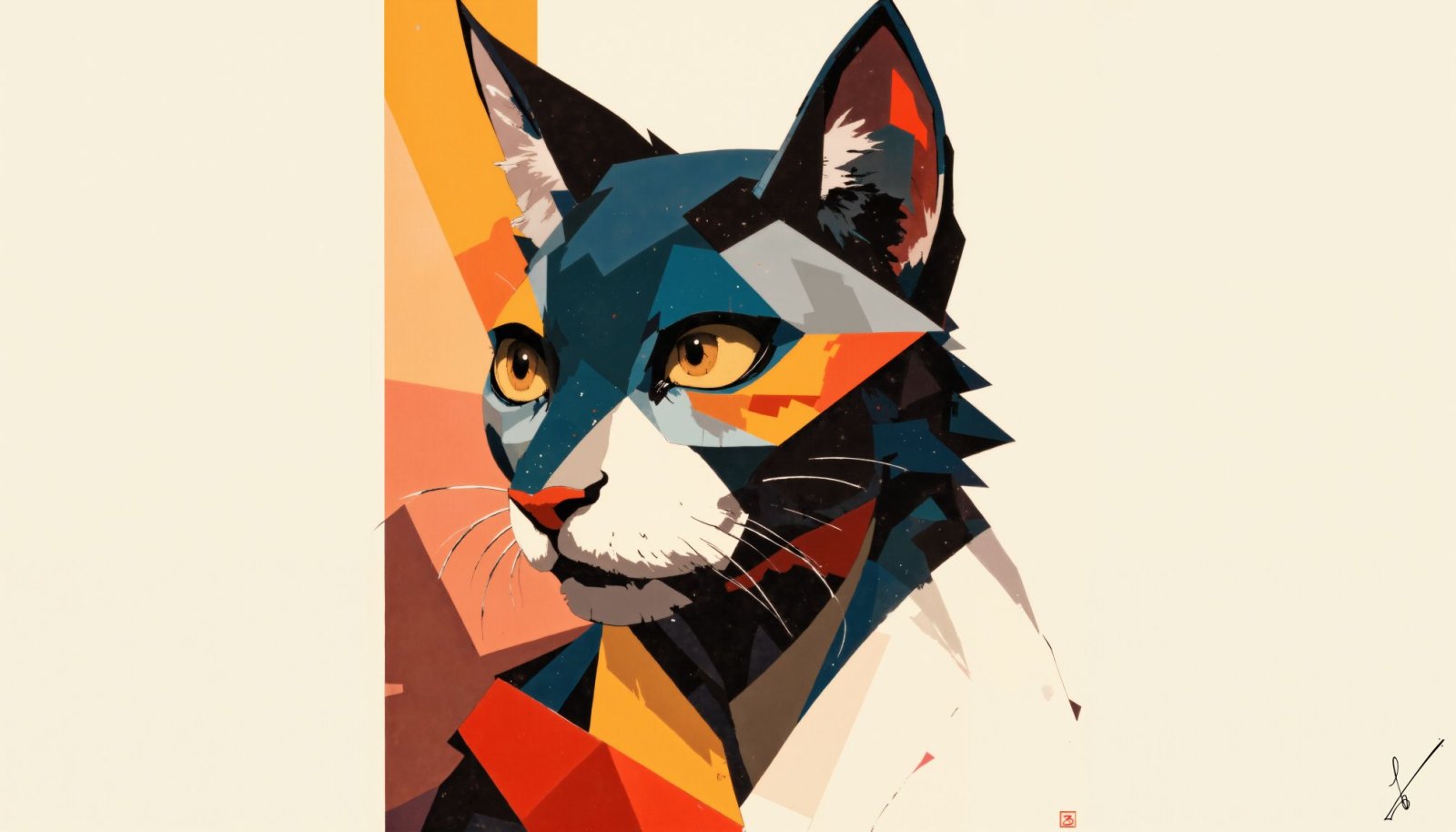 Stylized geometric portrait of a cat's head in blue, orange, and white against a neutral background.