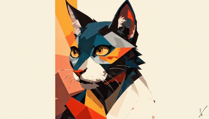 Stylized geometric portrait of a cat's head in blue, orange, and white against a neutral background.