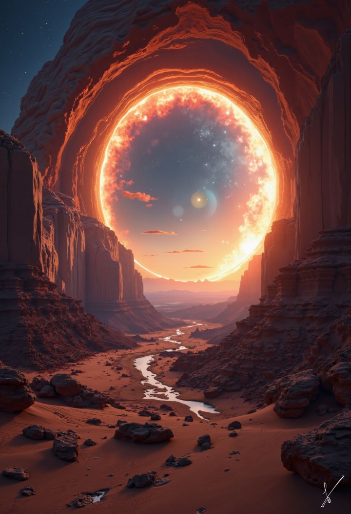 Glowing celestial ring in a red rock canyon with a river flowing below
