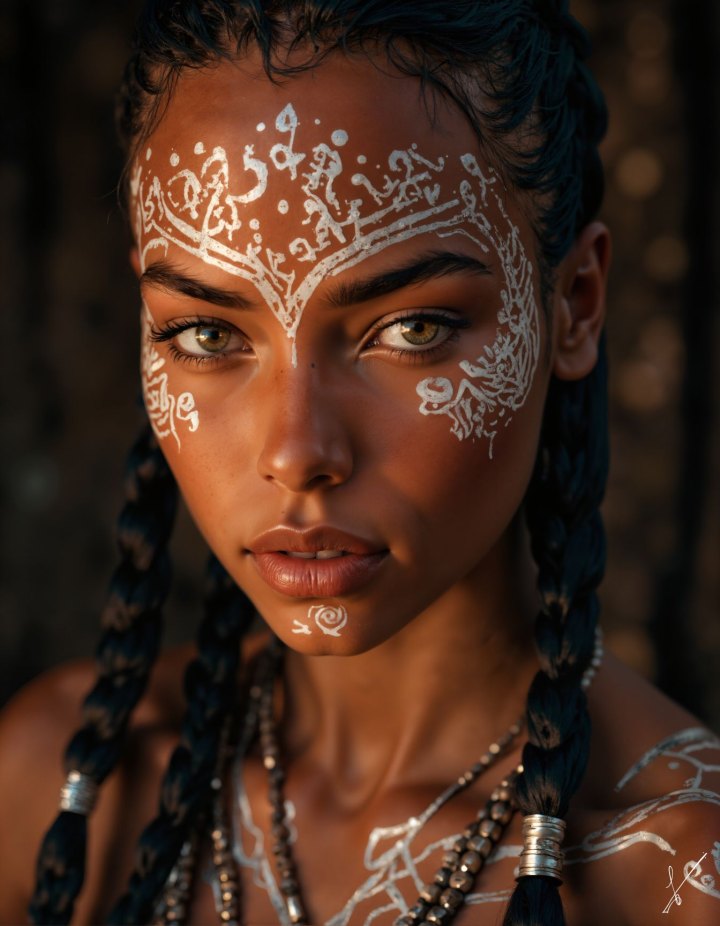 Close-up portrait of a woman with braids, white face paint, and jewelry in warm light.