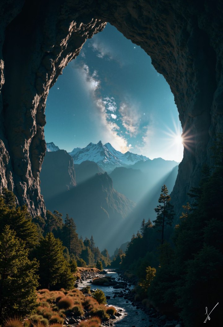View of mountains and river from inside a cave with sunlight streaming in.