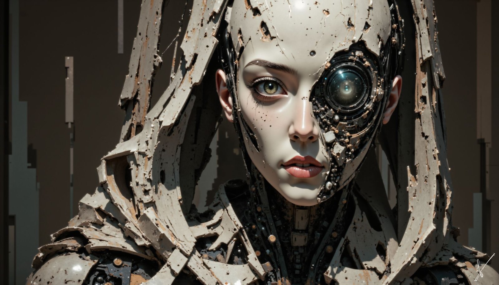Close-up of a cyborg face with one human eye and one robotic eye, surrounded by broken metal plates.
