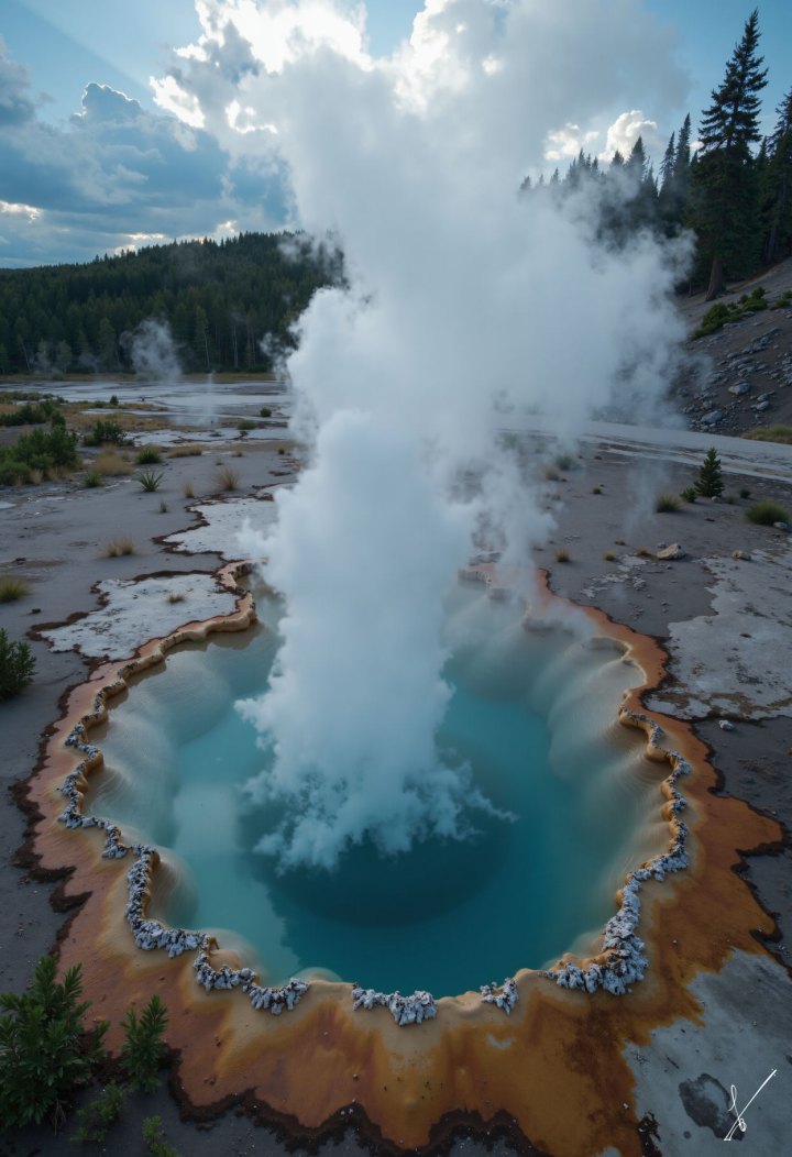 Turquoise geothermal pool emitting steam near pine forest