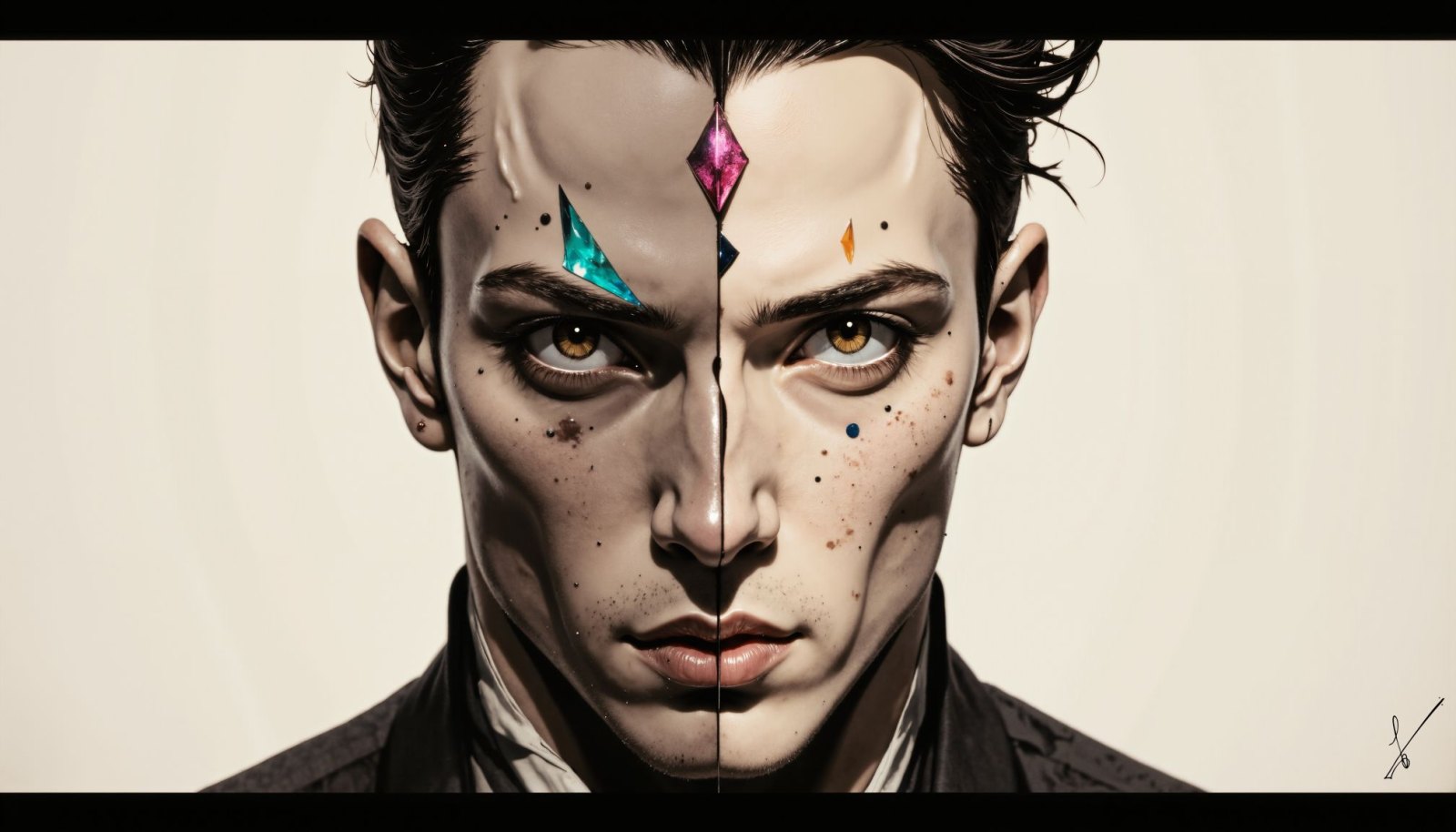 Portrait of a man with a vertical line splitting his face, adorned with colorful geometric gems and speckles.