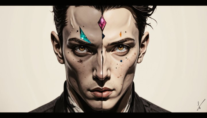 Portrait of a man with a vertical line splitting his face, adorned with colorful geometric gems and speckles.
