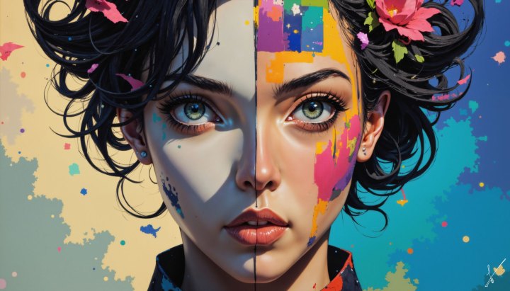 Split portrait of a woman with flowers in her hair, half beige and half colorful