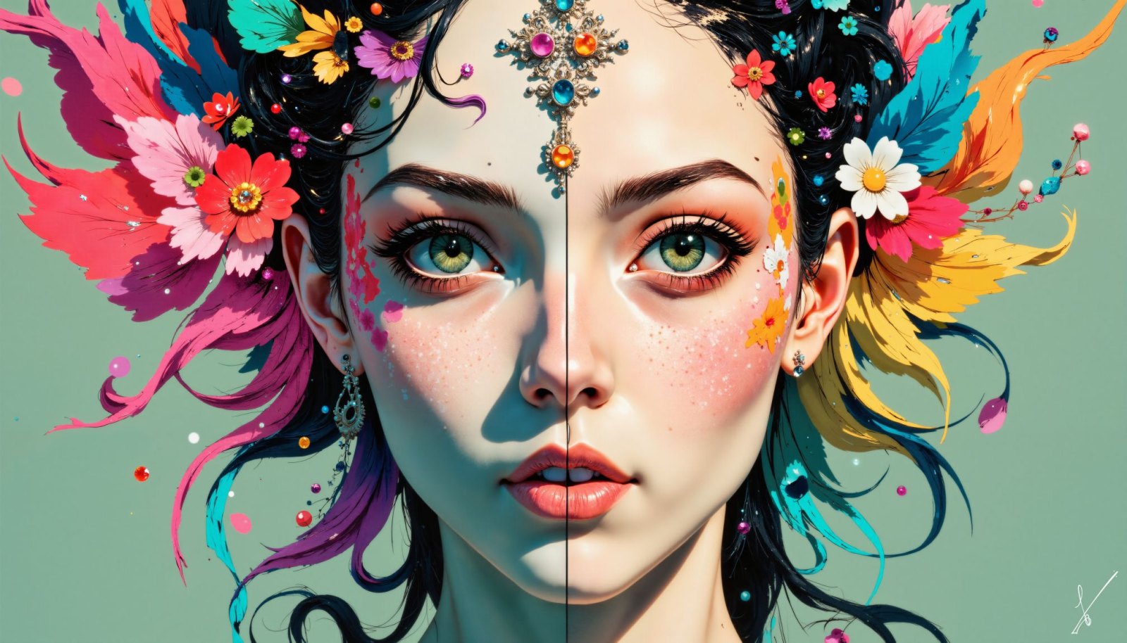 Portrait of a woman with green eyes and freckles, decorated with colorful flowers and feathers in her hair.
