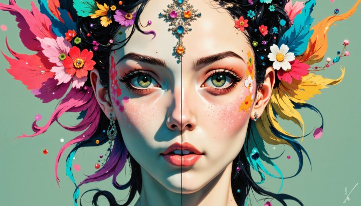 Portrait of a woman with green eyes and freckles, decorated with colorful flowers and feathers in her hair.