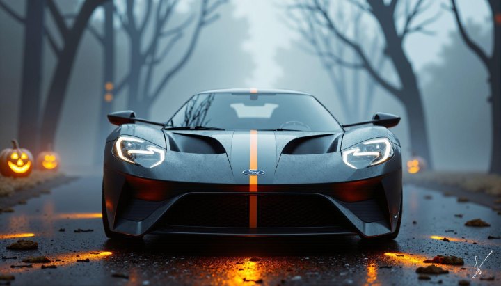 Black sports car with orange stripe on wet road, bare trees, and glowing pumpkins in foggy forest.