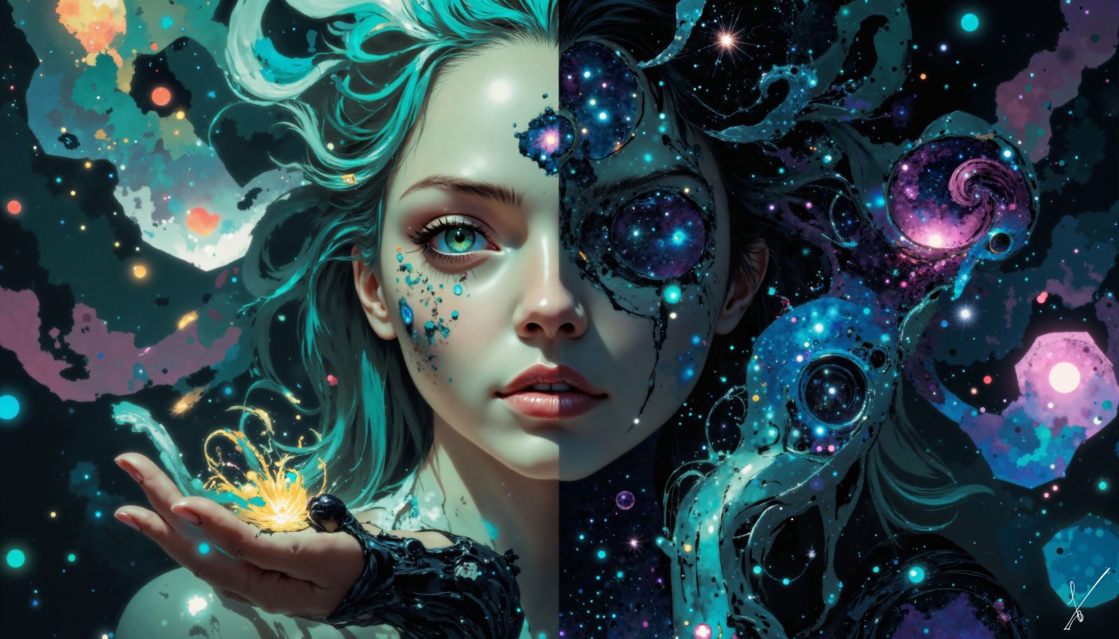 Split face portrait of a woman, one half human, the other cosmic galaxy patterns, holding glowing embers.