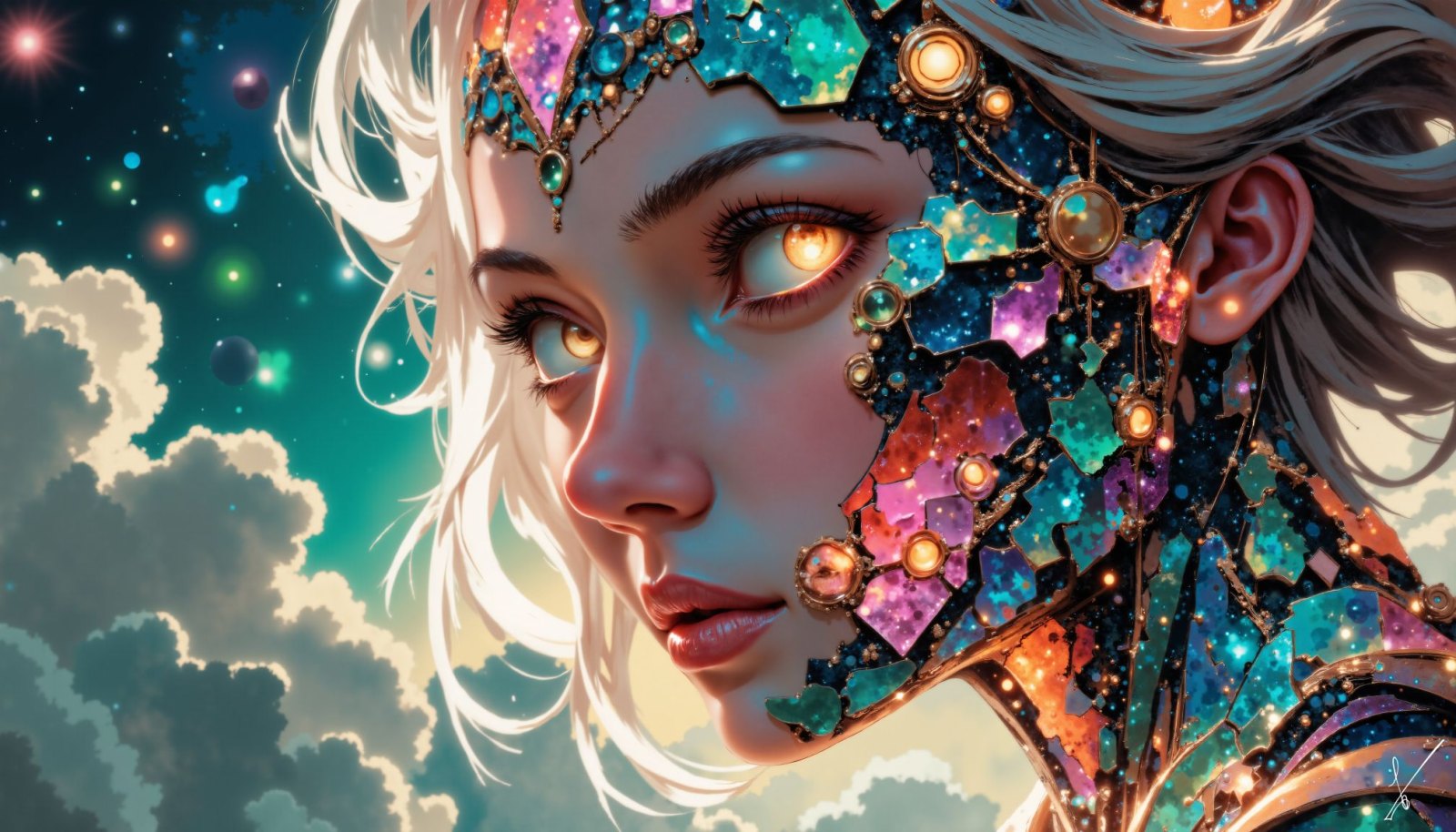 Close-up of a woman's face with glowing eyes and cosmic crystal jewelry against a starry sky background.