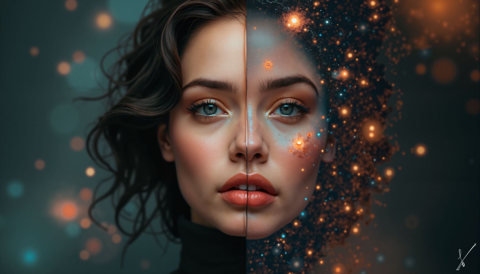 Portrait of a woman whose face is half solid and half dissolving into glowing particles.