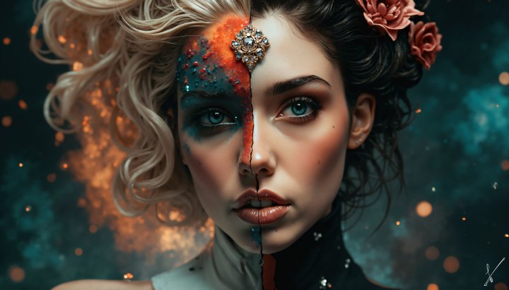 Split portrait of a woman with half blonde hair and fire effects, half dark hair and flowers.