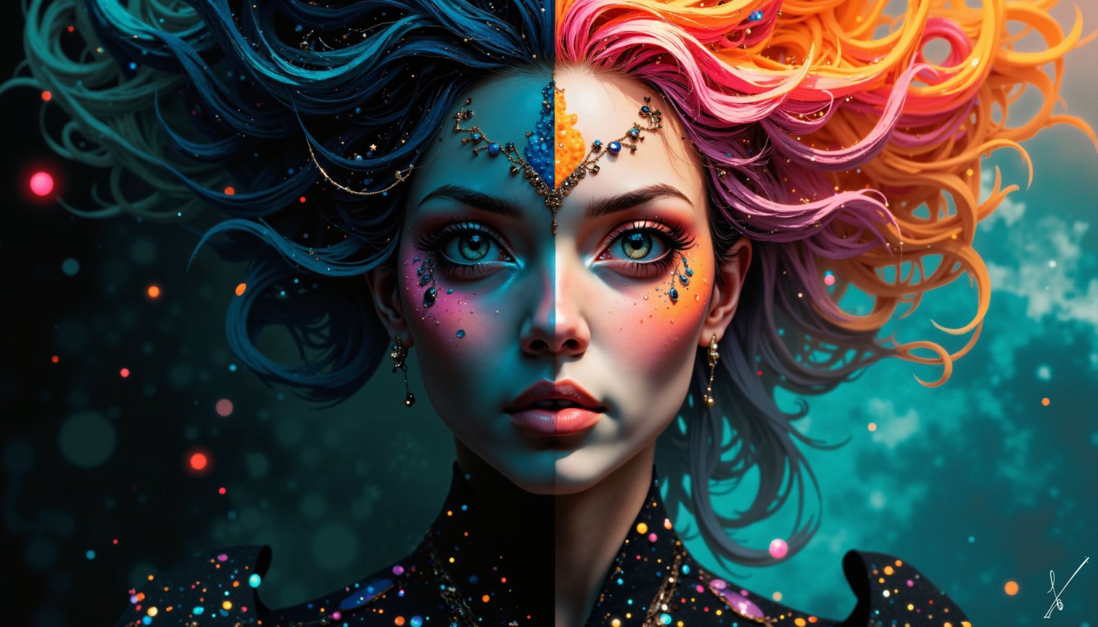 Portrait of a woman with split blue and orange hair, gem jewelry, and cosmic background bokeh.