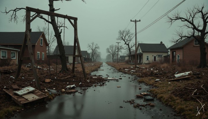 A flooded suburban street with debris and a broken swing set under an overcast sky.
